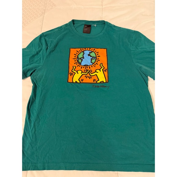 H&M Other - HM Keith Haring Graphic T-Shirt Mens Large Teal Green Pop Art Globe Earth Tee
